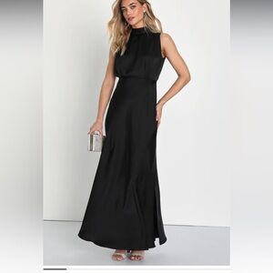 Lulus mock deck satin black dress.